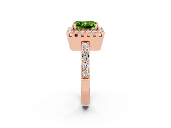 Rose gold Princess Cut Peridot Halo Ring with Pavé Band and Prong Setting