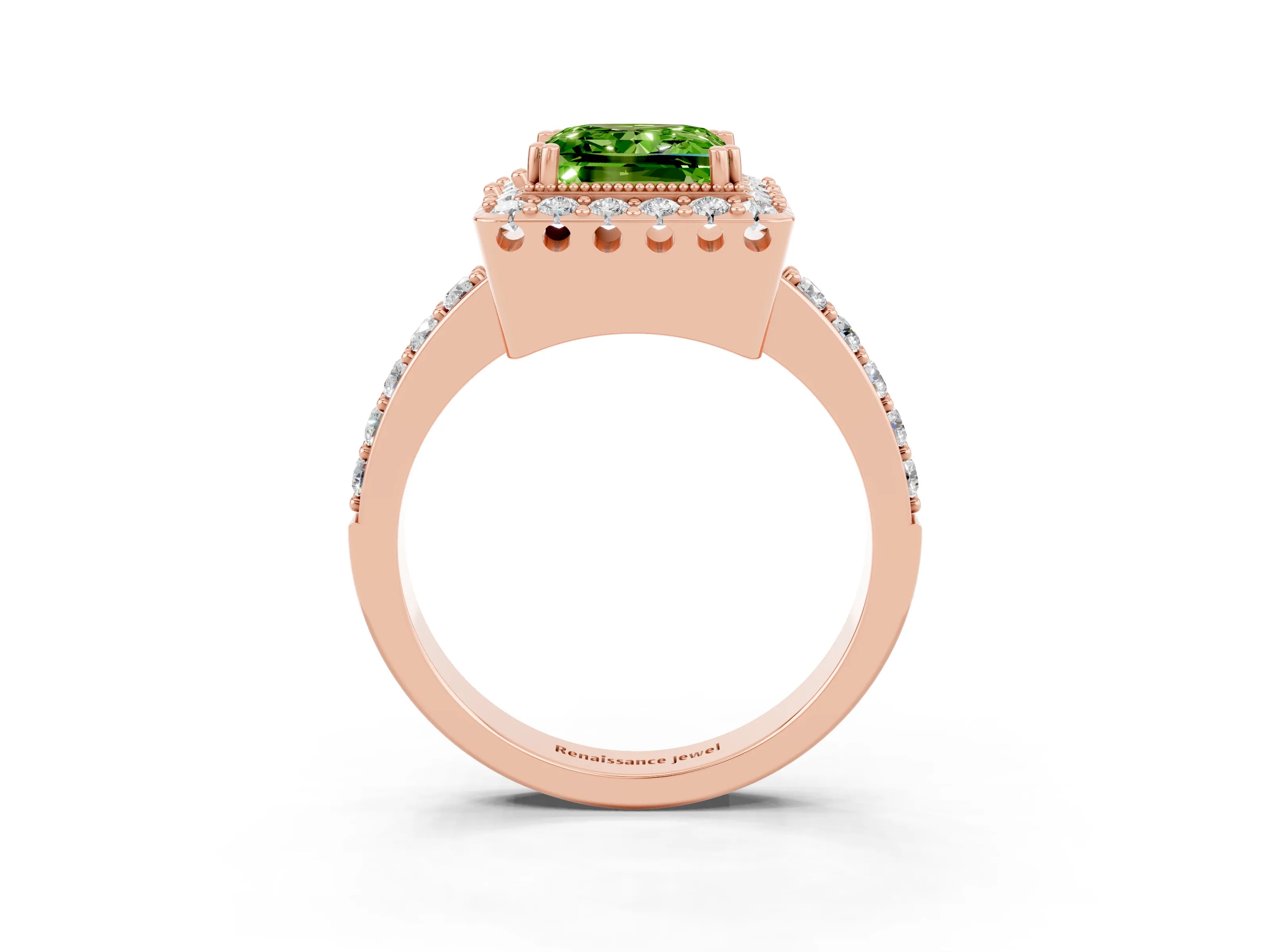 Rose gold Princess Cut Peridot Halo Ring with Pavé Band and Prong Setting_3
