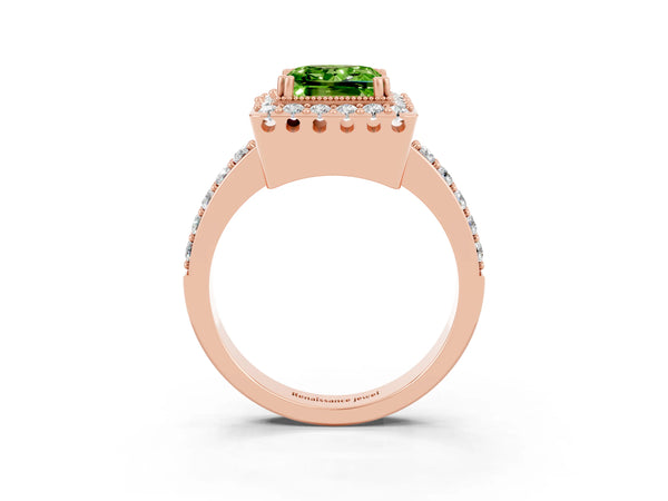 Rose gold Princess Cut Peridot Halo Ring with Pavé Band and Prong Setting