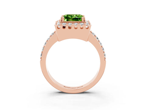 Rose gold Princess Cut Peridot Halo Ring with Pavé Band and Prong Setting_3