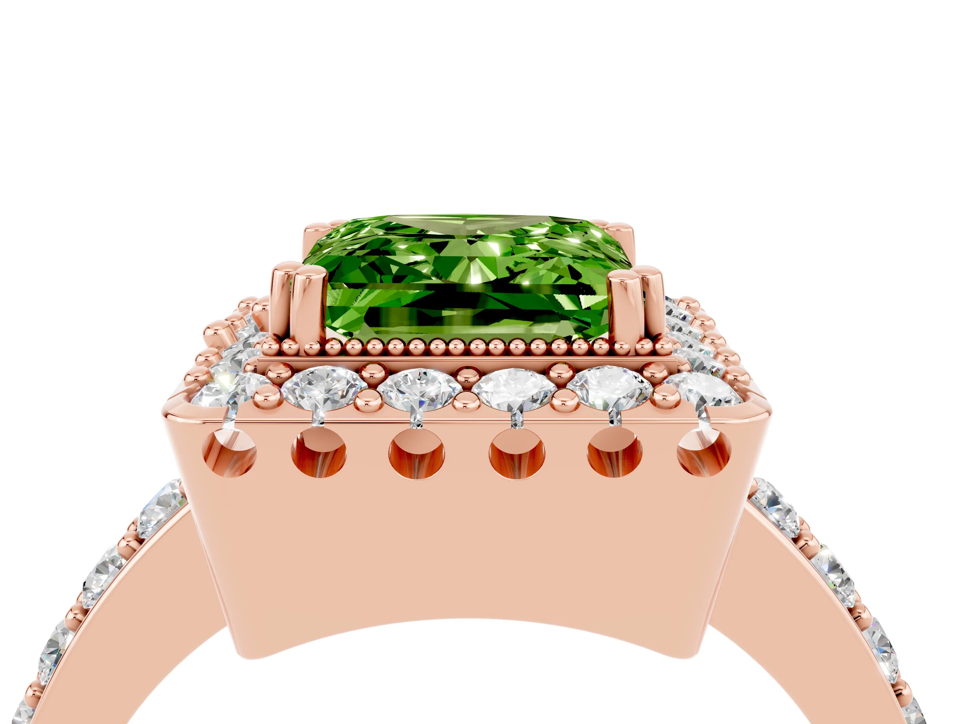 Rose gold Princess Cut Peridot Halo Ring with Pavé Band and Prong Setting_4