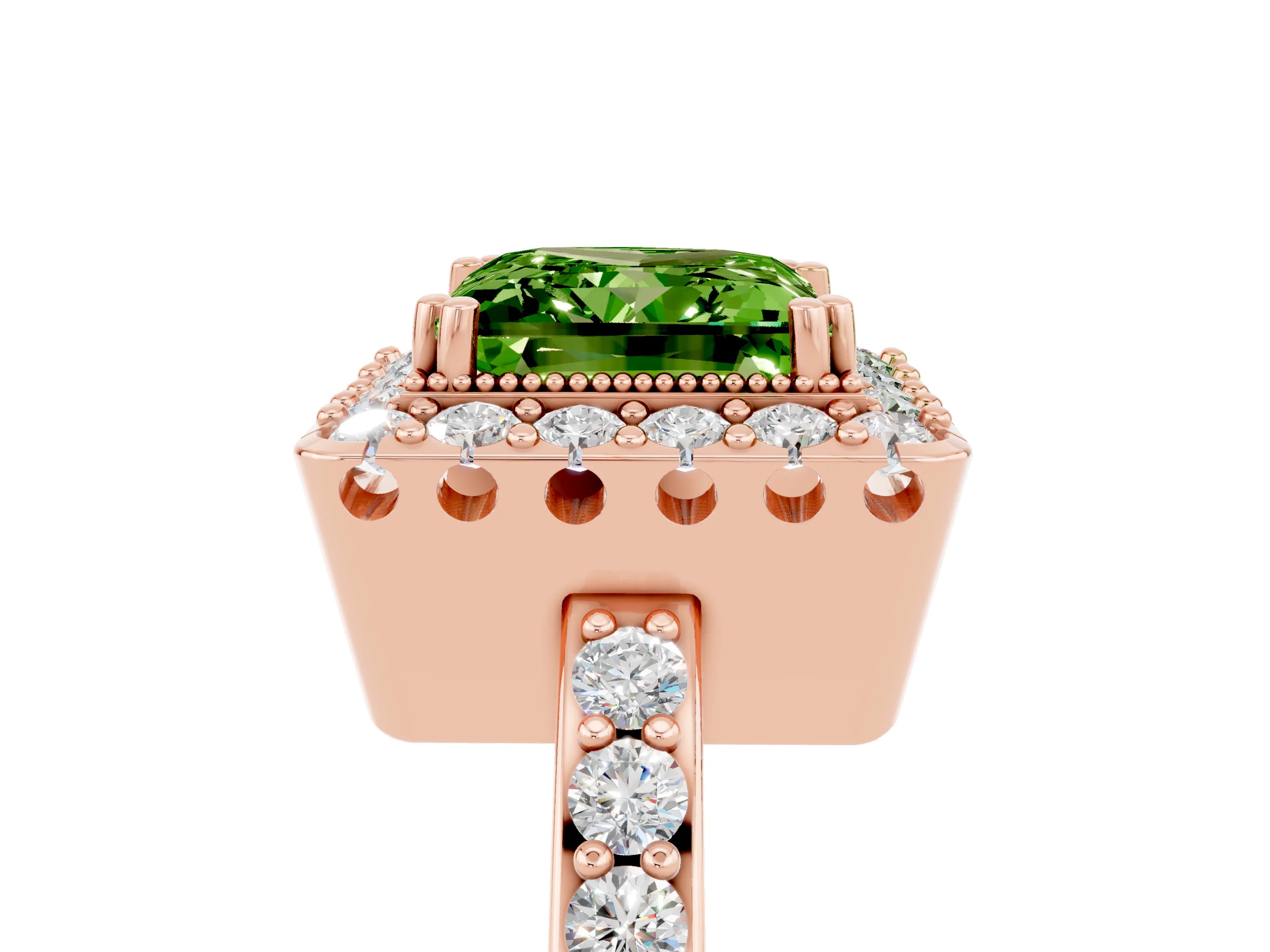 Rose gold Princess Cut Peridot Halo Ring with Pavé Band and Prong Setting_5