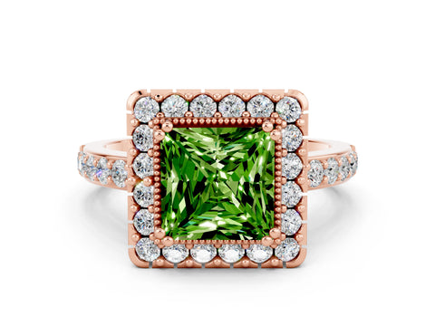 Rose gold Princess Cut Peridot Halo Ring with Pavé Band and Prong Setting