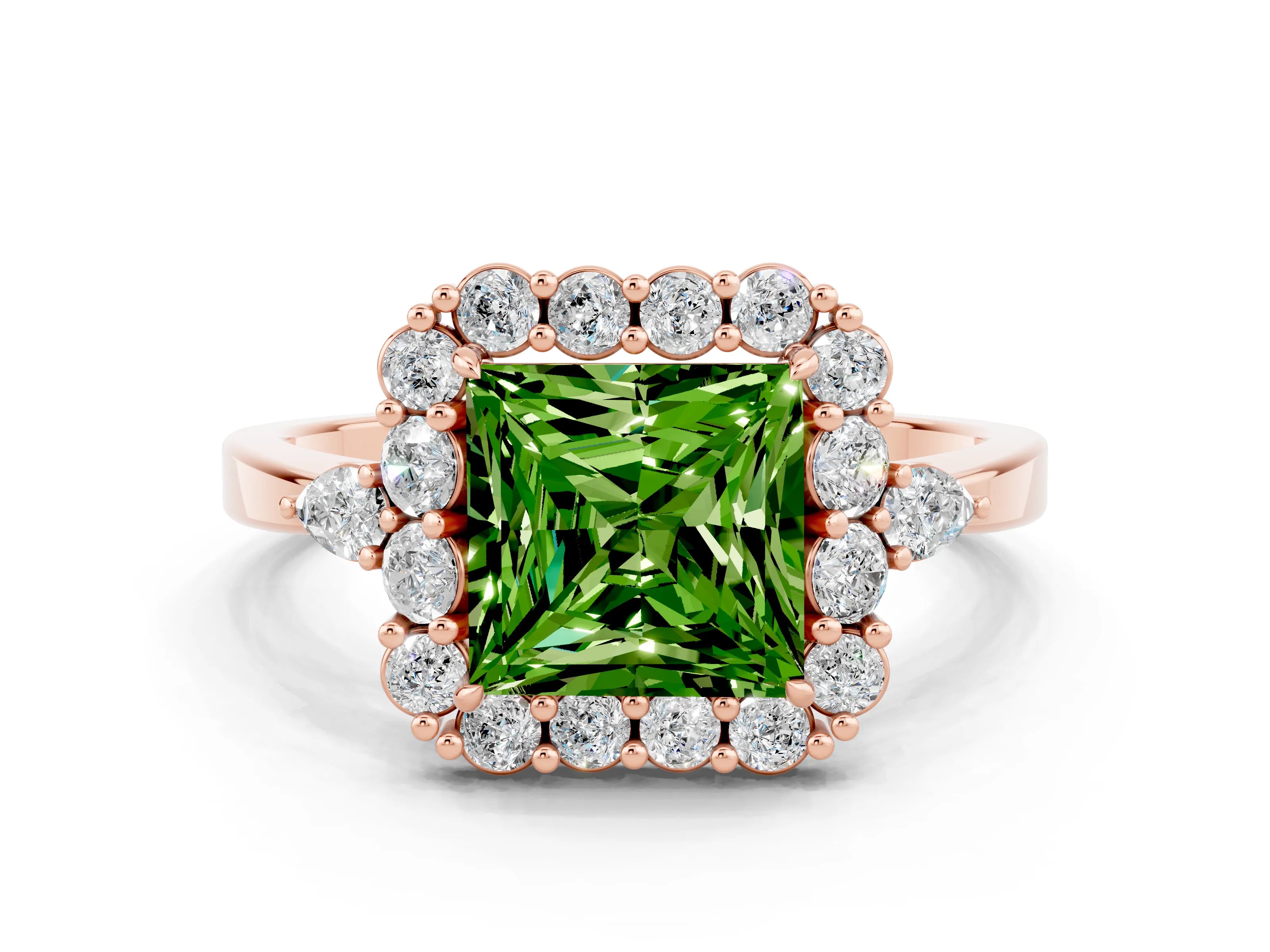 Rose gold Princess Cut Peridot Halo Ring with Pear Side Stones and Prong Setting_12