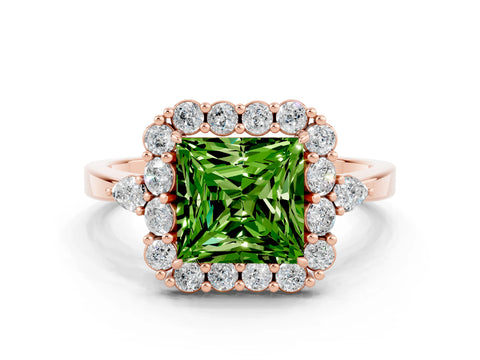 Rose gold Princess Cut Peridot Halo Ring with Pear Side Stones and Prong Setting_12