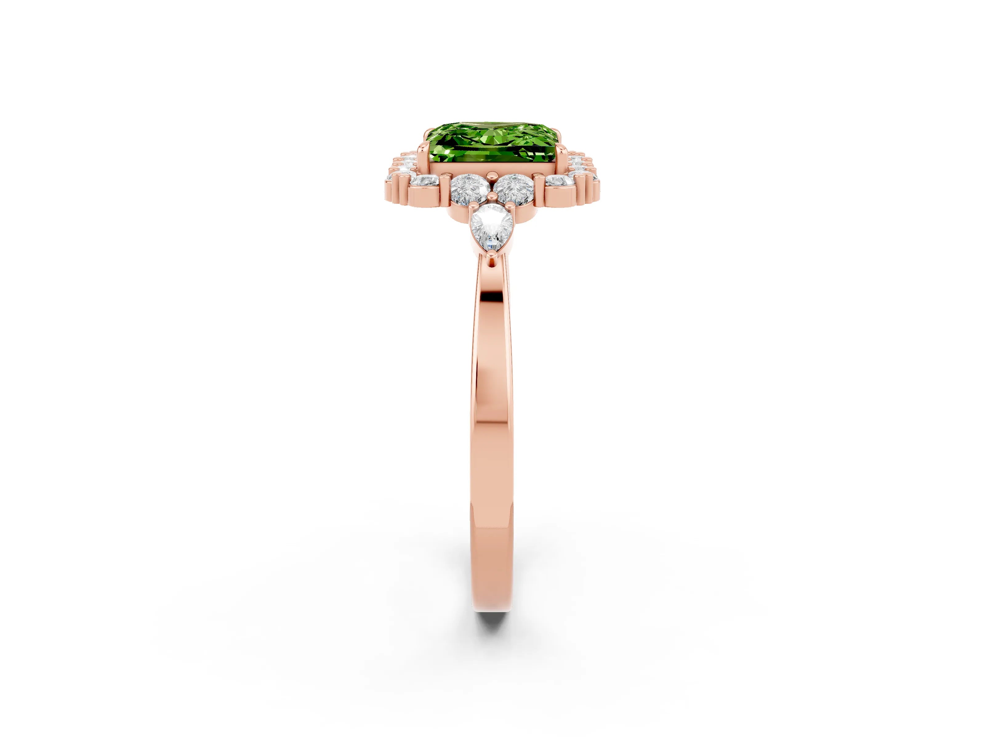 Rose gold Princess Cut Peridot Halo Ring with Pear Side Stones and Prong Setting_14