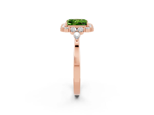 Rose gold Princess Cut Peridot Halo Ring with Pear Side Stones and Prong Setting