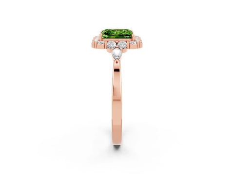 Rose gold Princess Cut Peridot Halo Ring with Pear Side Stones and Prong Setting_14