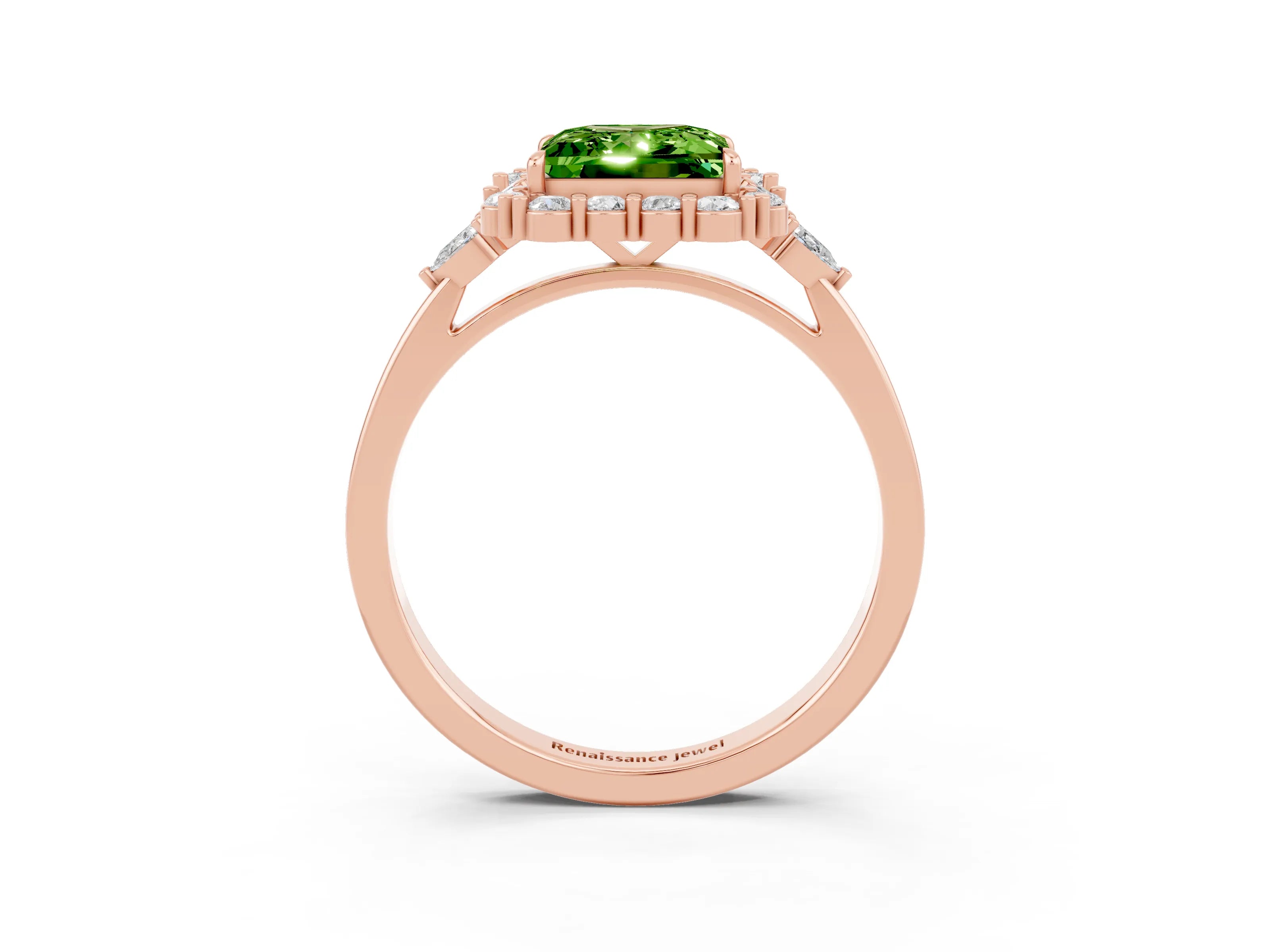 Rose gold Princess Cut Peridot Halo Ring with Pear Side Stones and Prong Setting_15