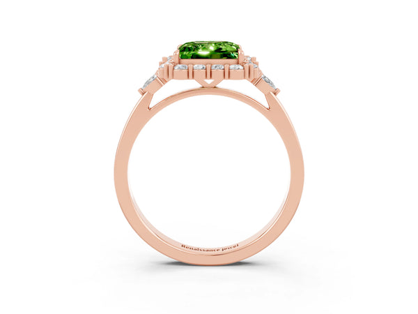 Rose gold Princess Cut Peridot Halo Ring with Pear Side Stones and Prong Setting