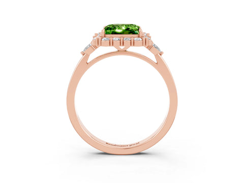 Rose gold Princess Cut Peridot Halo Ring with Pear Side Stones and Prong Setting_15