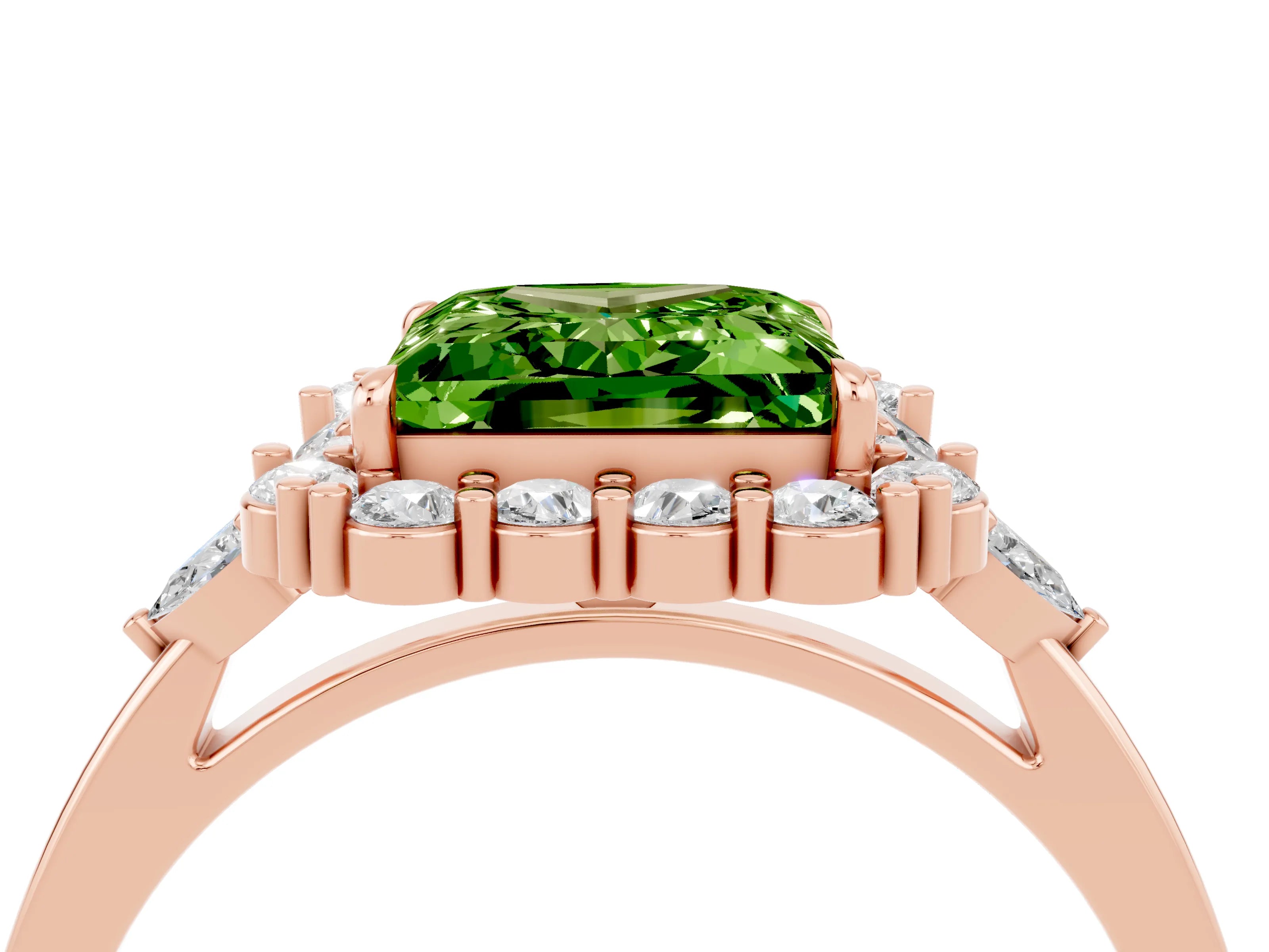 Rose gold Princess Cut Peridot Halo Ring with Pear Side Stones and Prong Setting_16