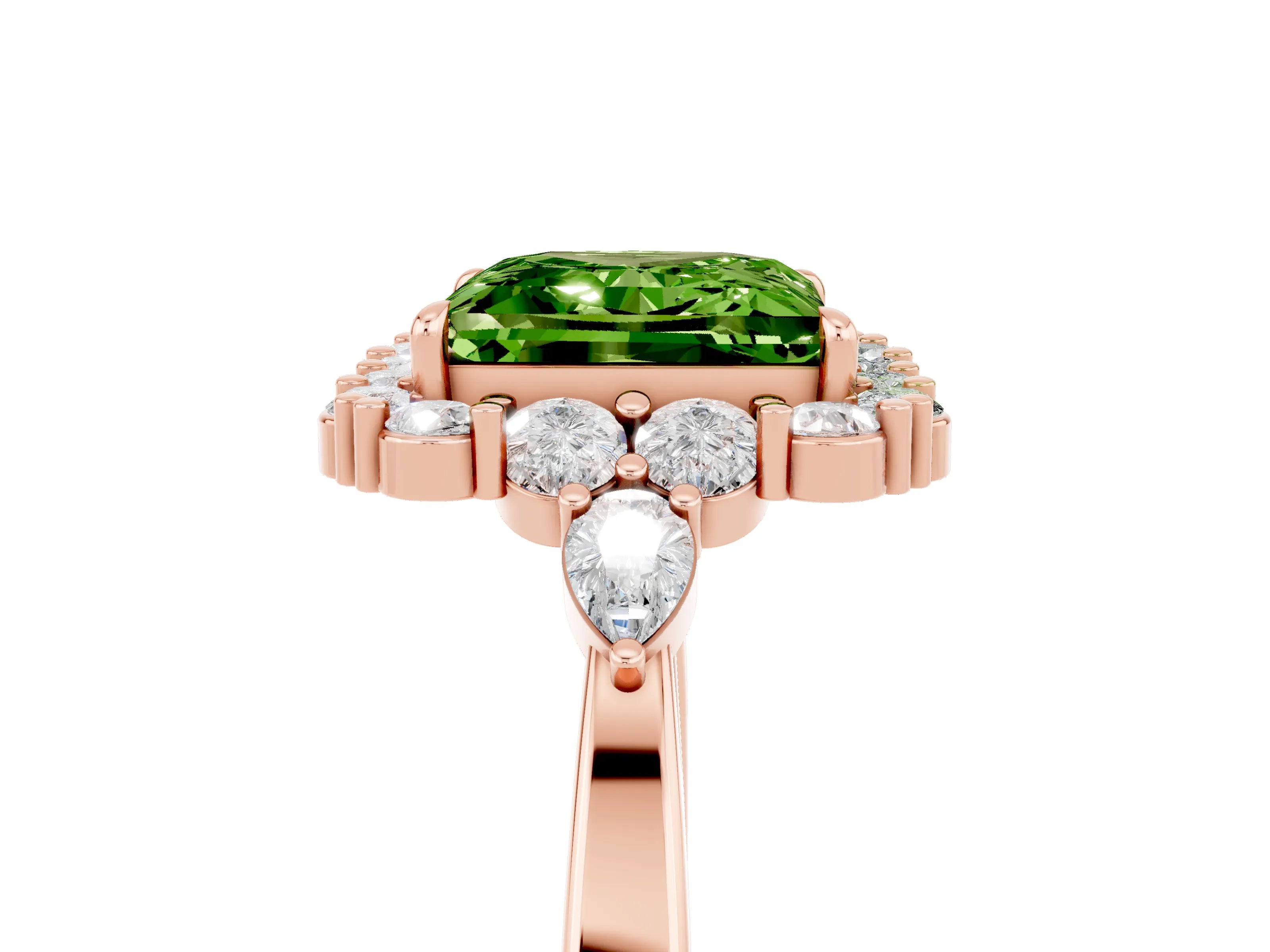 Rose gold Princess Cut Peridot Halo Ring with Pear Side Stones and Prong Setting_17