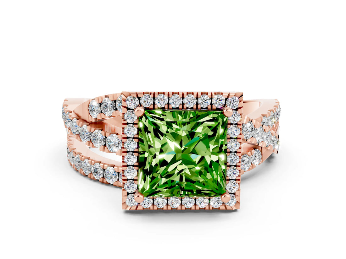 Rose gold Princess Cut Peridot Halo Ring with Round Split Shank and Prong Setting_48