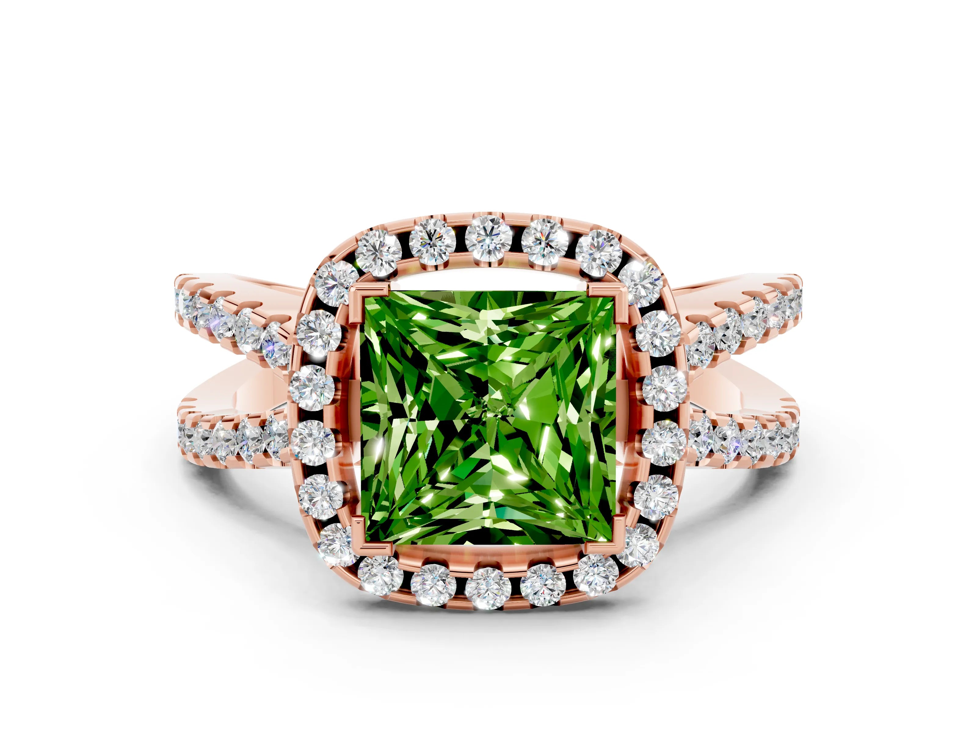 Rose gold Princess Cut Peridot Halo Ring with Split Shank Pavé Band and Prong Setting