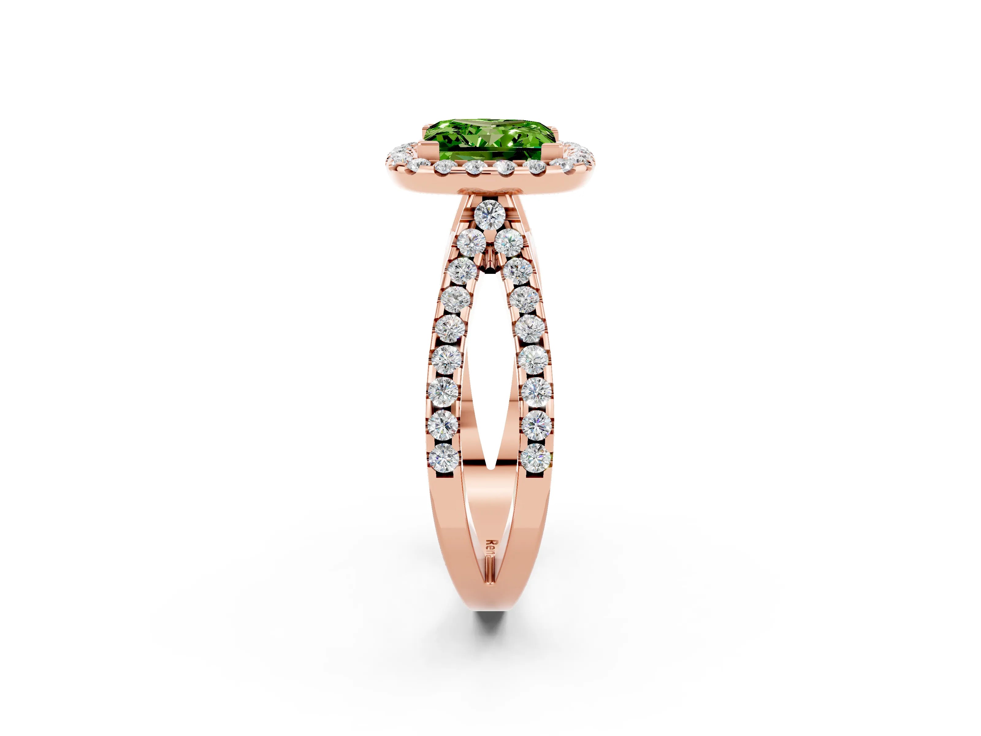 Rose gold Princess Cut Peridot Halo Ring with Split Shank Pavé Band and Prong Setting_2