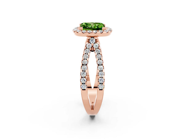 Rose gold Princess Cut Peridot Halo Ring with Split Shank Pavé Band and Prong Setting