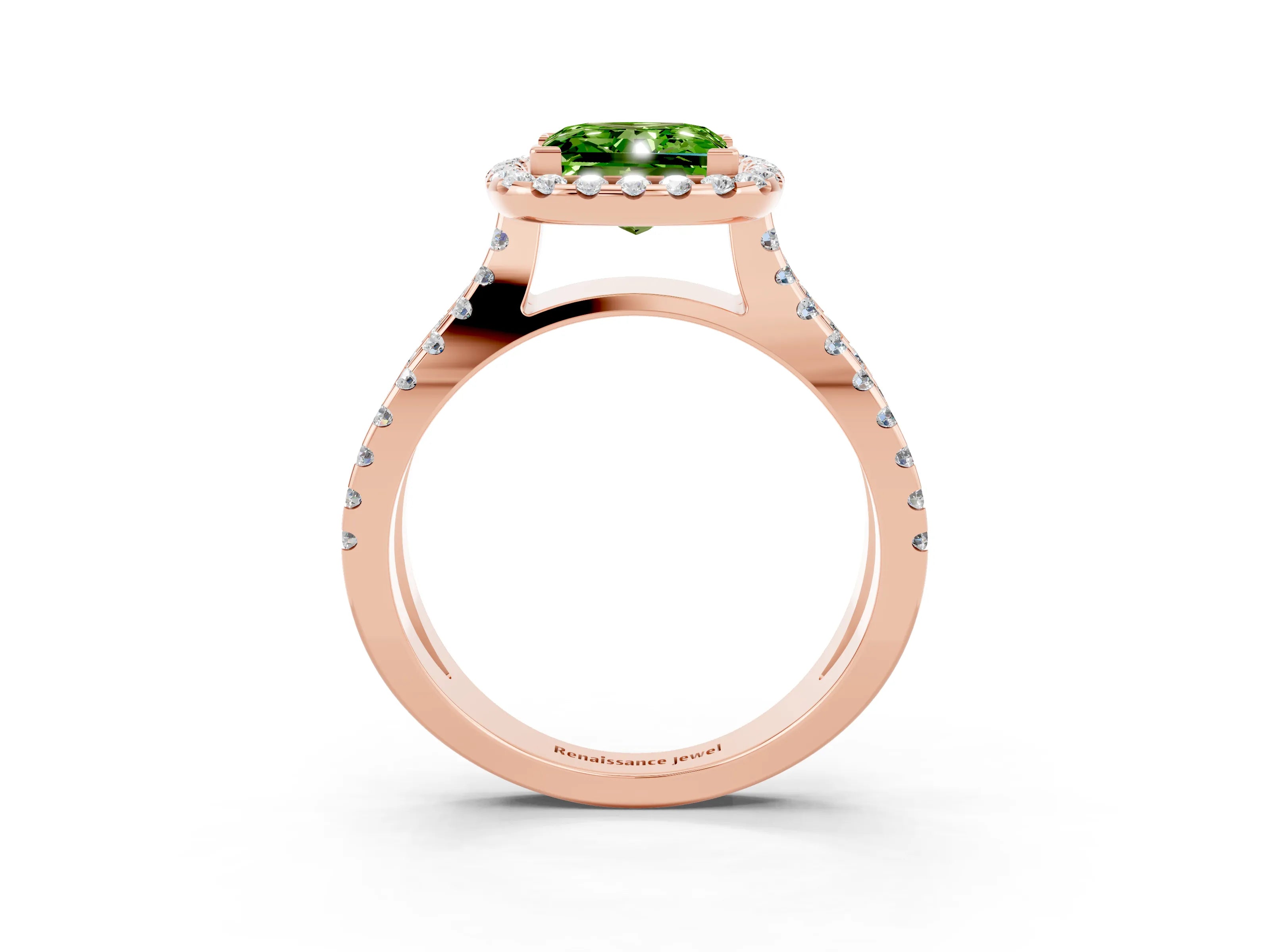 Rose gold Princess Cut Peridot Halo Ring with Split Shank Pavé Band and Prong Setting_3