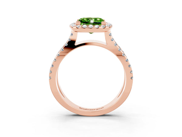 Rose gold Princess Cut Peridot Halo Ring with Split Shank Pavé Band and Prong Setting