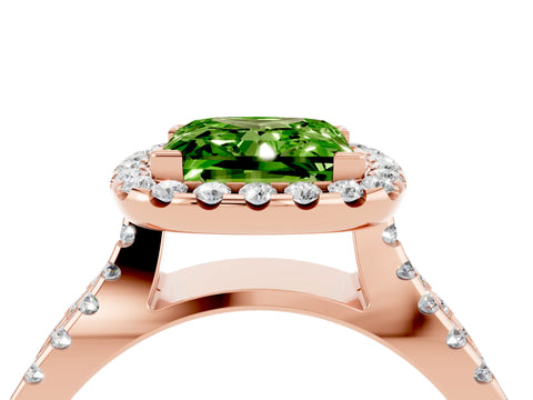 Rose gold Princess Cut Peridot Halo Ring with Split Shank Pavé Band and Prong Setting_4