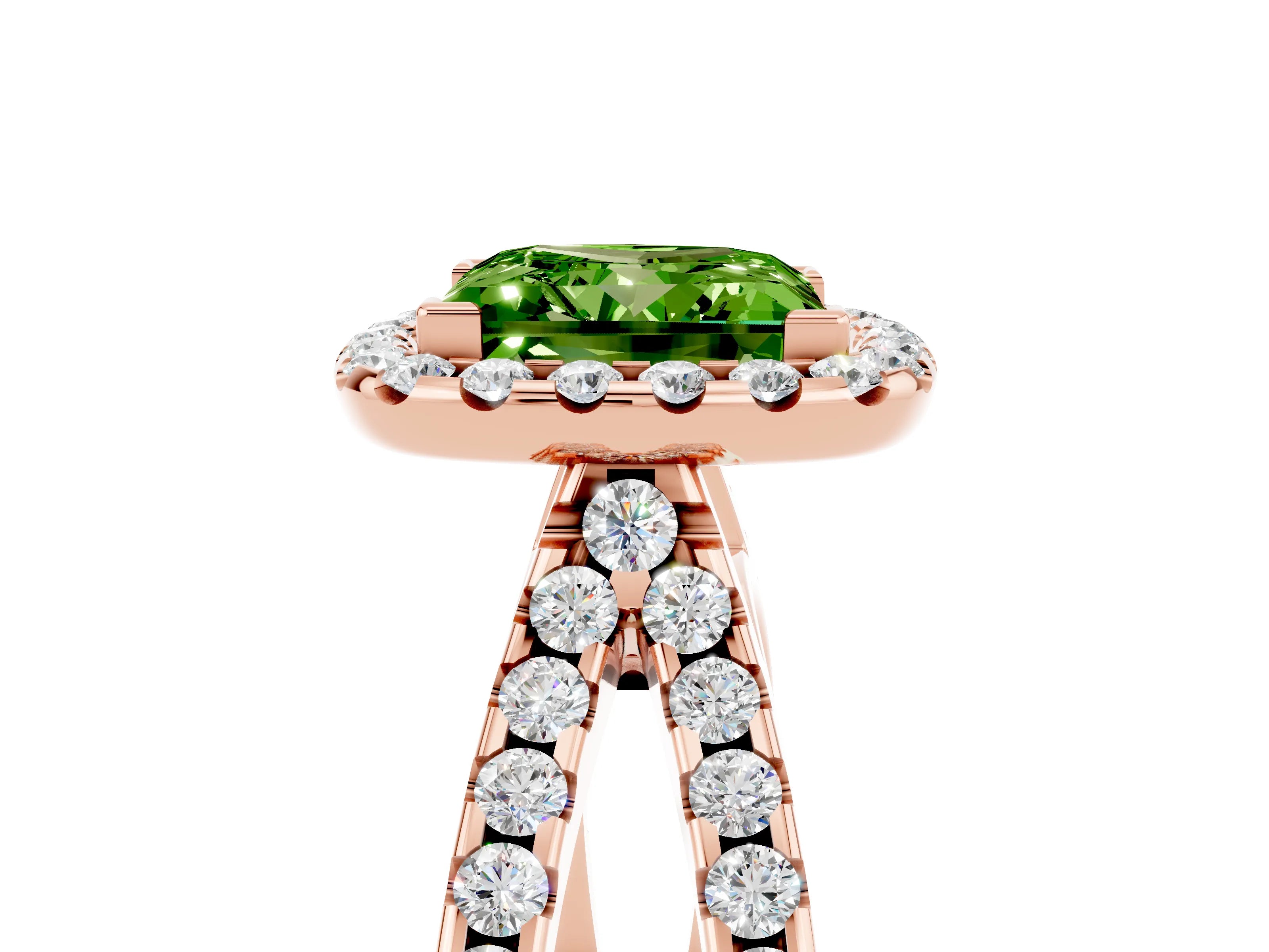 Rose gold Princess Cut Peridot Halo Ring with Split Shank Pavé Band and Prong Setting_5