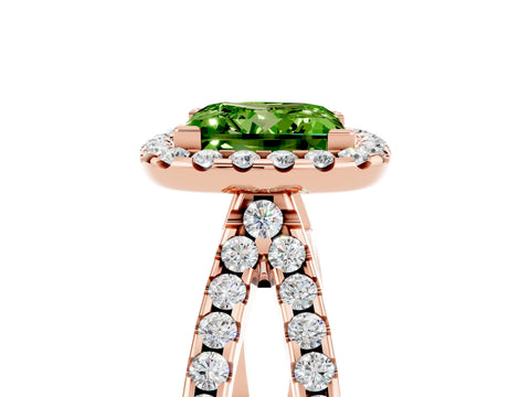 Rose gold Princess Cut Peridot Halo Ring with Split Shank Pavé Band and Prong Setting_5