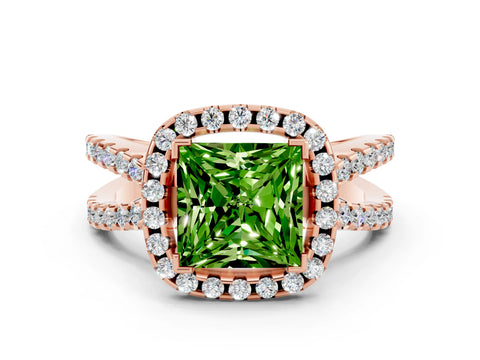 Rose gold Princess Cut Peridot Halo Ring with Split Shank Pavé Band and Prong Setting