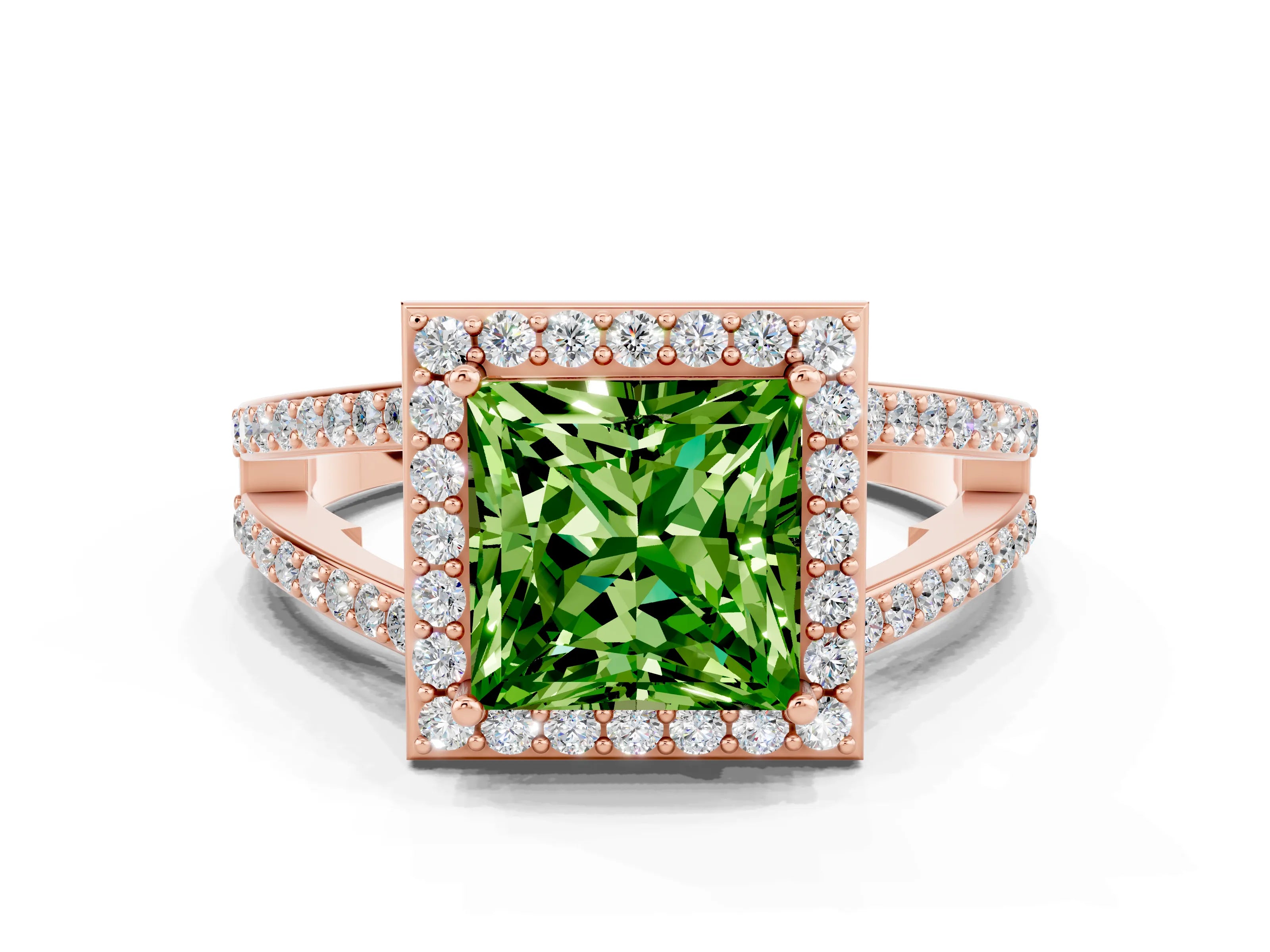 Rose gold Princess Cut Peridot Halo Ring with Split Shank U-Prong Band and Four-Prong Setting