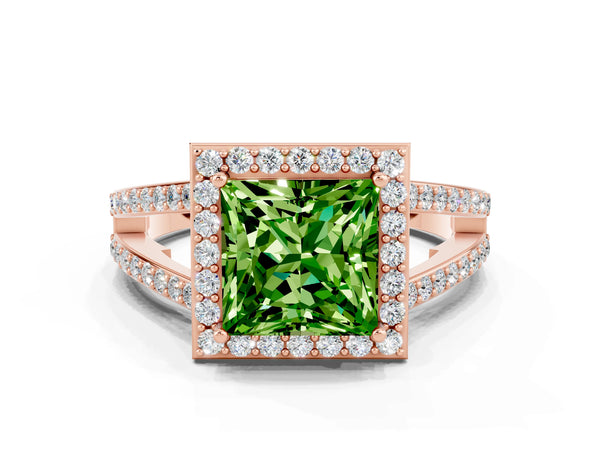 Rose gold Princess Cut Peridot Halo Ring with Split Shank U-Prong Band and Four-Prong Setting