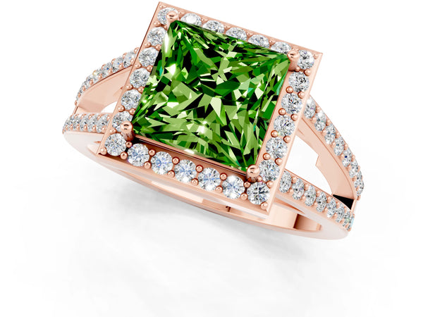 Rose gold Princess Cut Peridot Halo Ring with Split Shank U-Prong Band and Four-Prong Setting