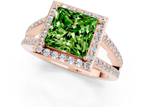 Rose gold Princess Cut Peridot Halo Ring with Split Shank U-Prong Band and Four-Prong Setting_1