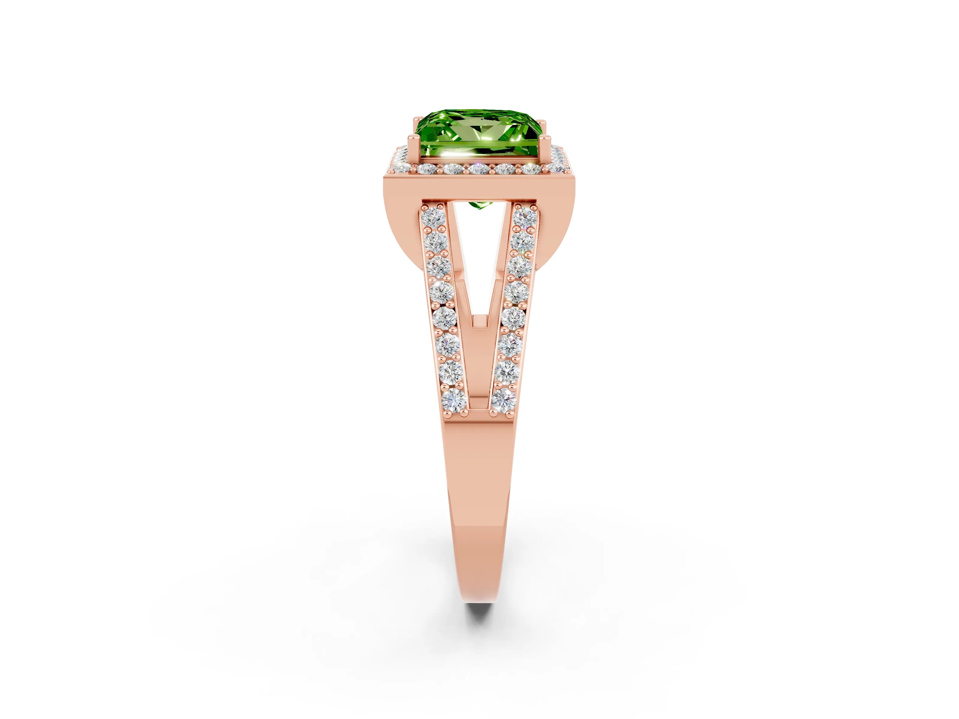 Rose gold Princess Cut Peridot Halo Ring with Split Shank U-Prong Band and Four-Prong Setting_2