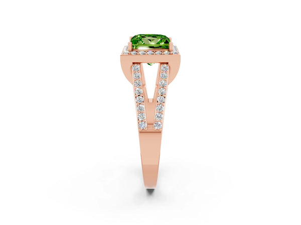 Rose gold Princess Cut Peridot Halo Ring with Split Shank U-Prong Band and Four-Prong Setting