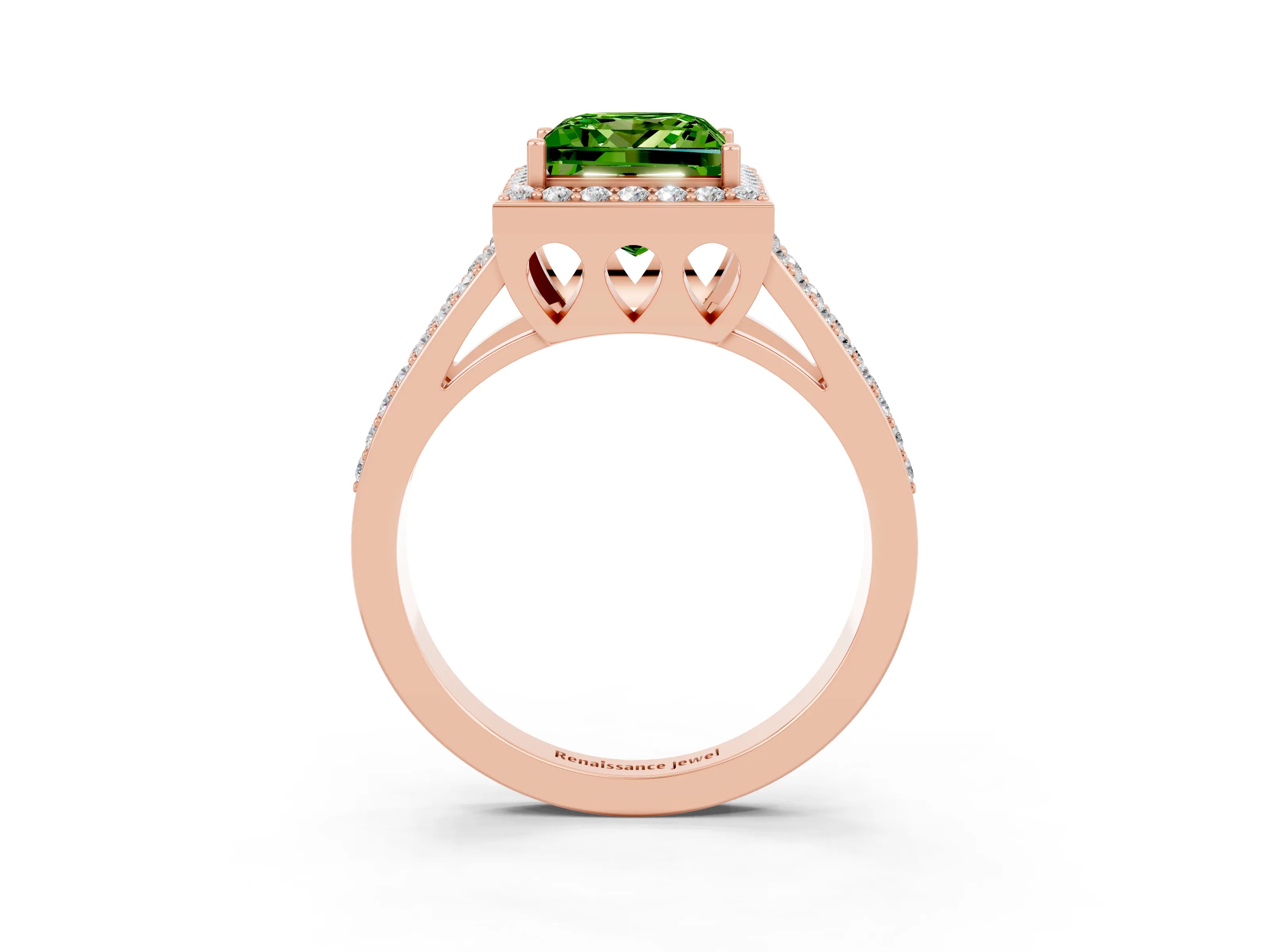 Rose gold Princess Cut Peridot Halo Ring with Split Shank U-Prong Band and Four-Prong Setting_3