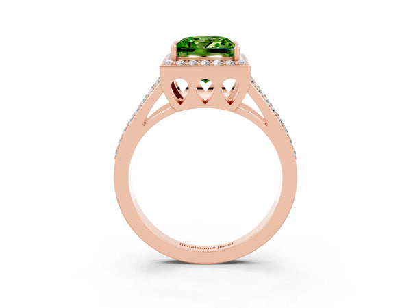 Rose gold Princess Cut Peridot Halo Ring with Split Shank U-Prong Band and Four-Prong Setting