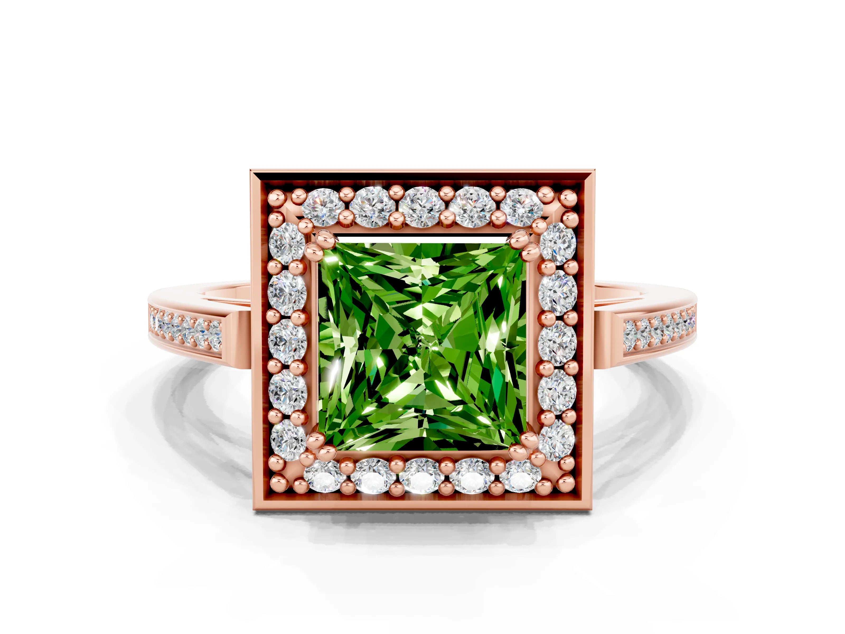 Rose gold Princess Cut Peridot Halo Ring with Split Shank and Four-Prong Setting