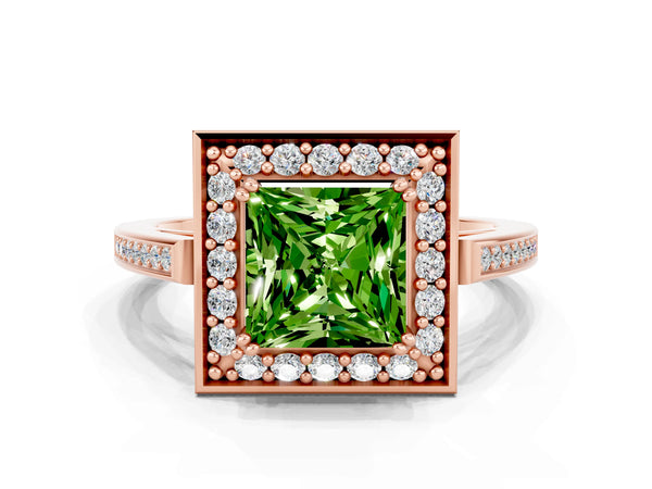 Rose gold Princess Cut Peridot Halo Ring with Split Shank and Four-Prong Setting