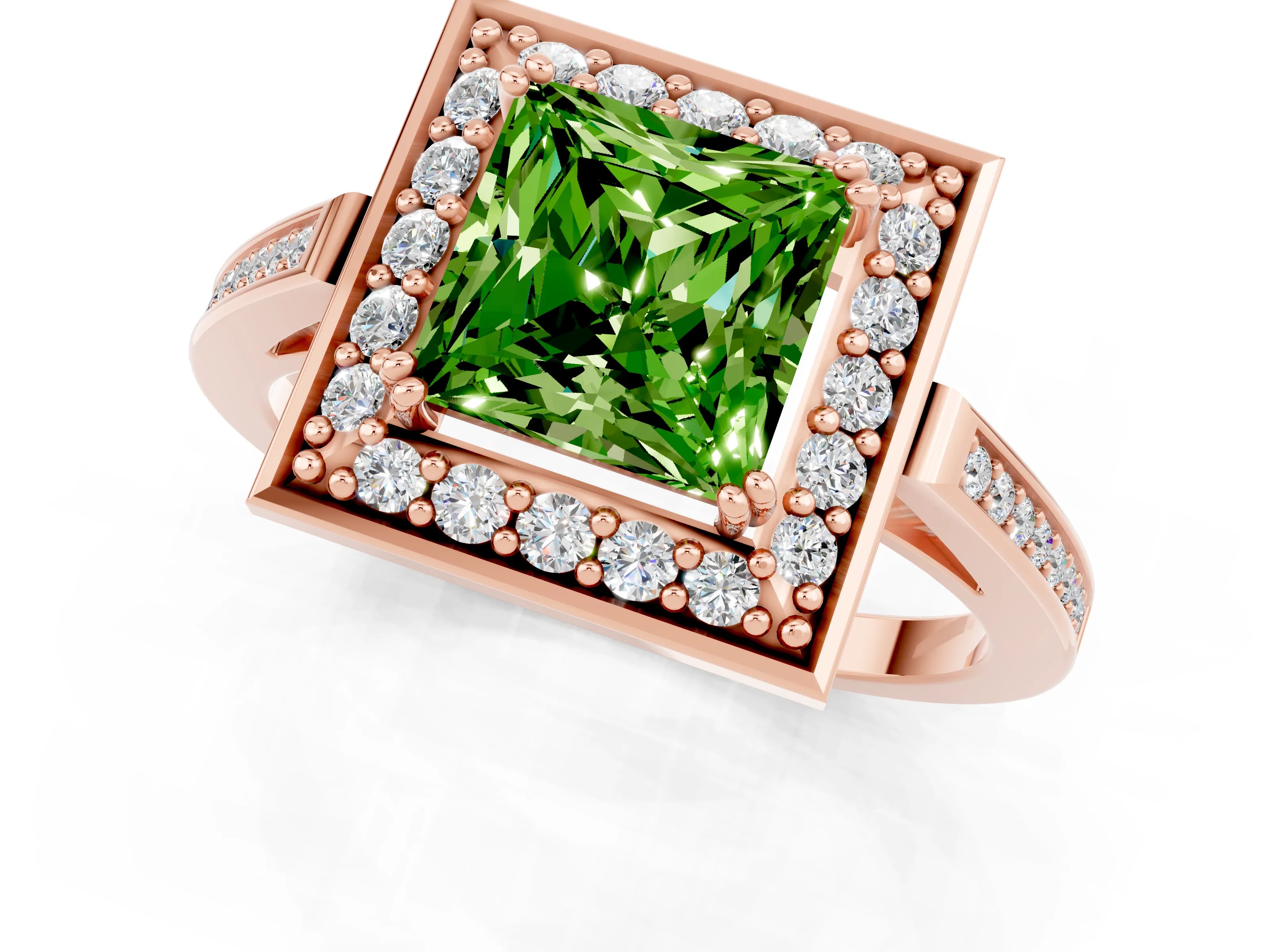Rose gold Princess Cut Peridot Halo Ring with Split Shank and Four-Prong Setting_1