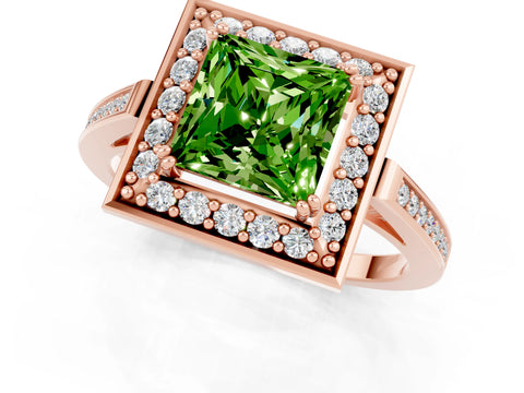 Rose gold Princess Cut Peridot Halo Ring with Split Shank and Four-Prong Setting_1
