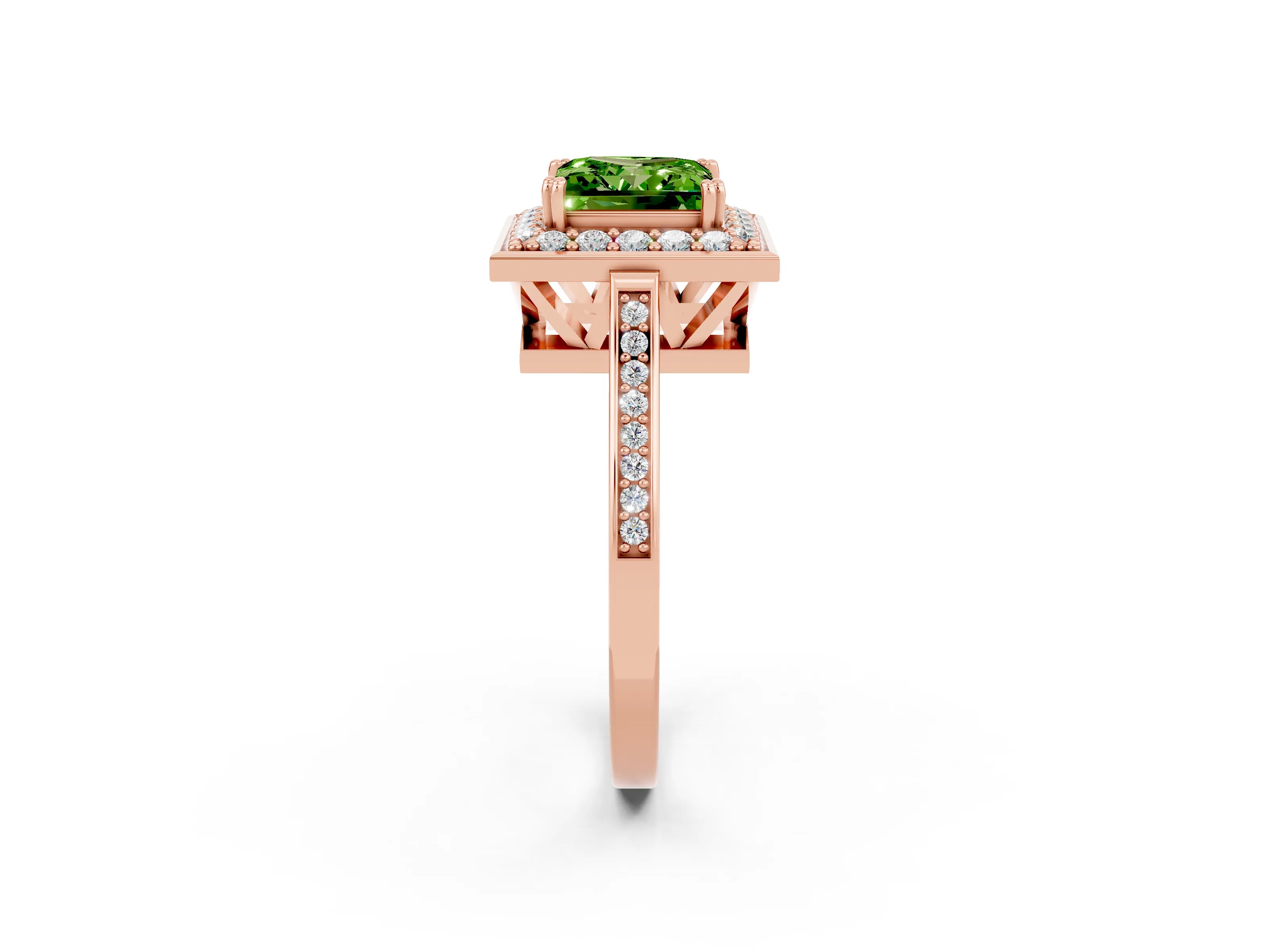 Rose gold Princess Cut Peridot Halo Ring with Split Shank and Four-Prong Setting_2
