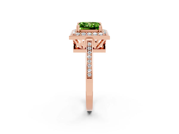 Rose gold Princess Cut Peridot Halo Ring with Split Shank and Four-Prong Setting