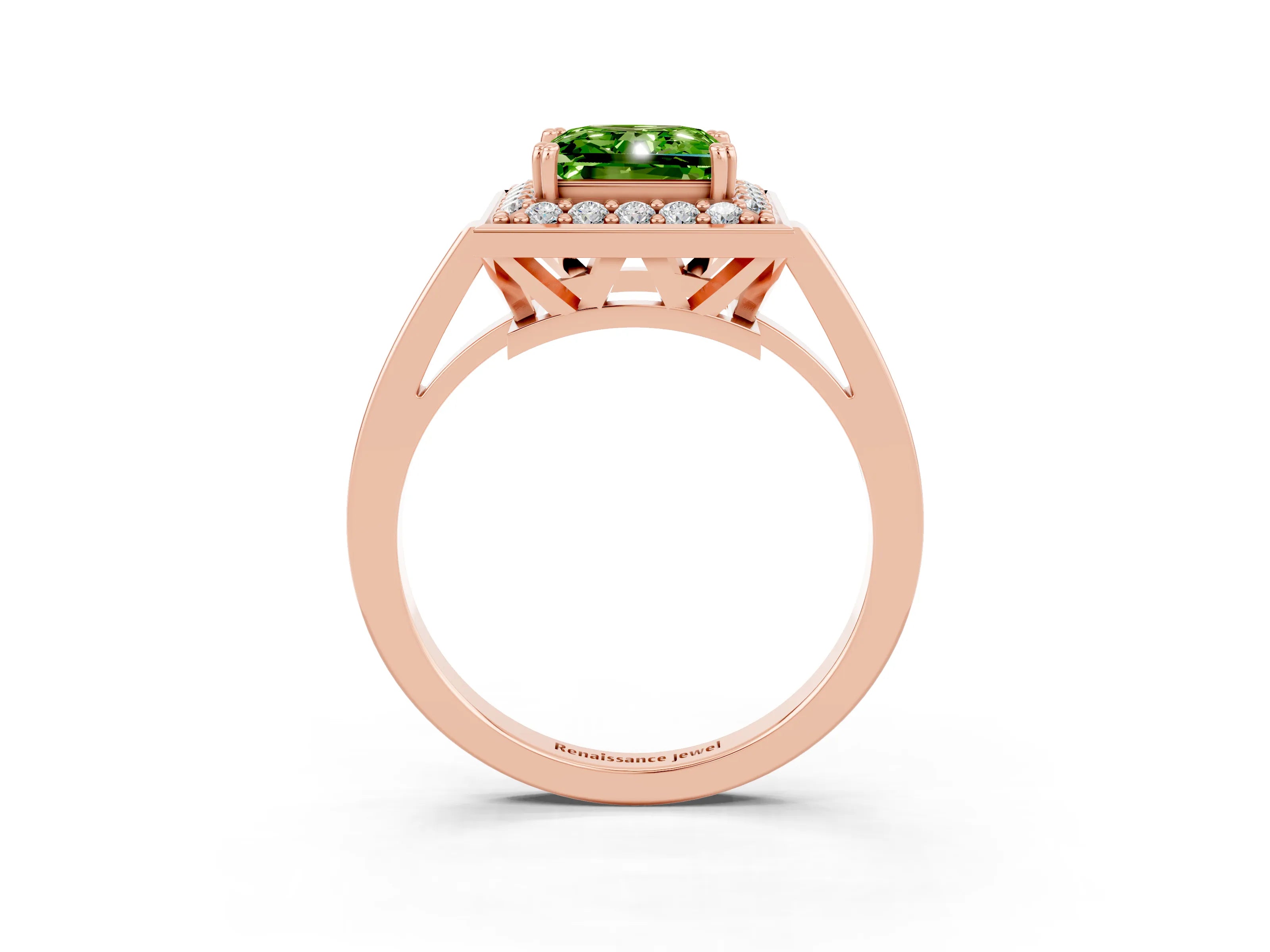 Rose gold Princess Cut Peridot Halo Ring with Split Shank and Four-Prong Setting_3