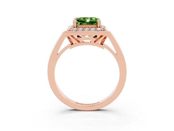Rose gold Princess Cut Peridot Halo Ring with Split Shank and Four-Prong Setting