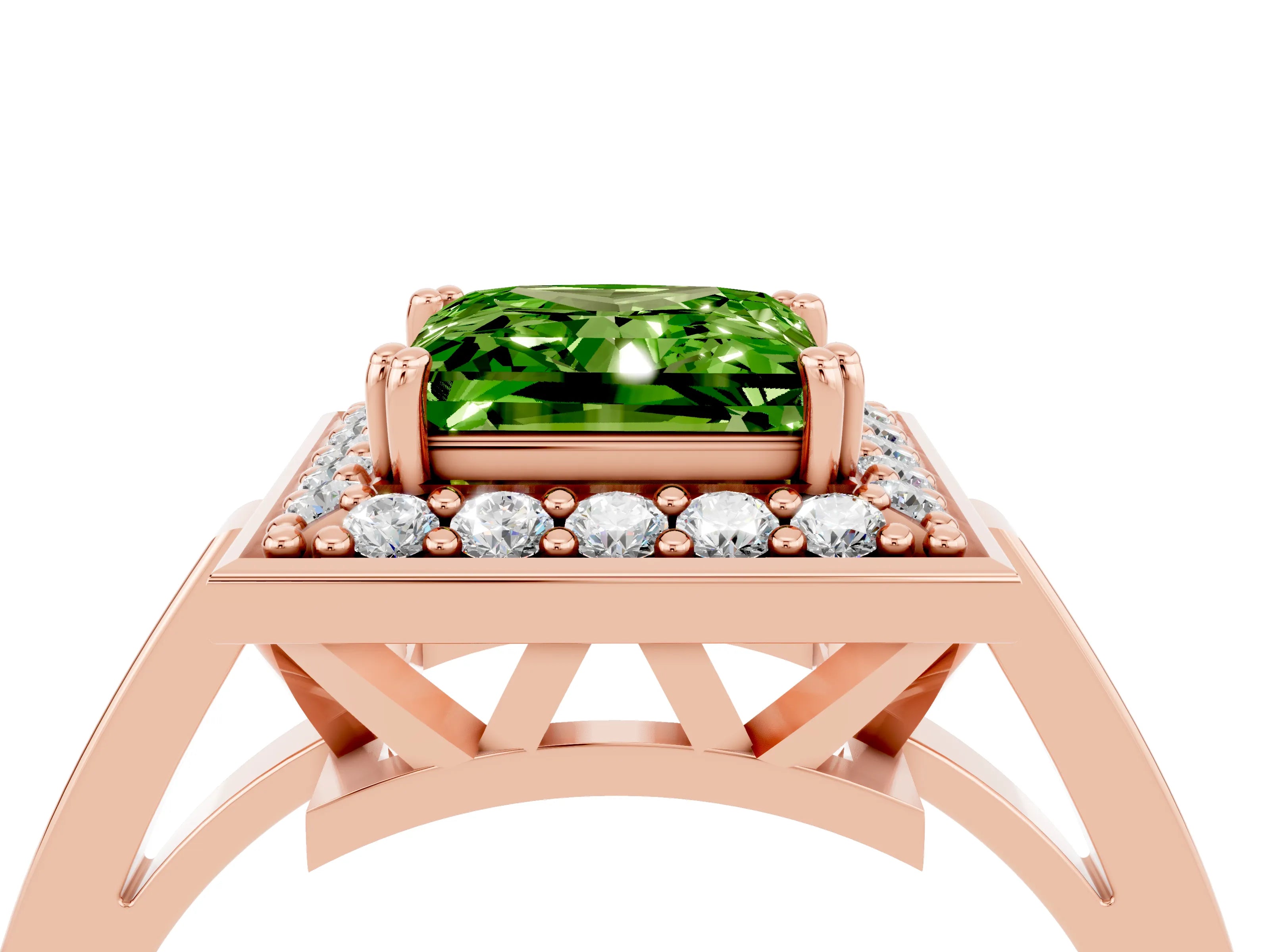 Rose gold Princess Cut Peridot Halo Ring with Split Shank and Four-Prong Setting_4