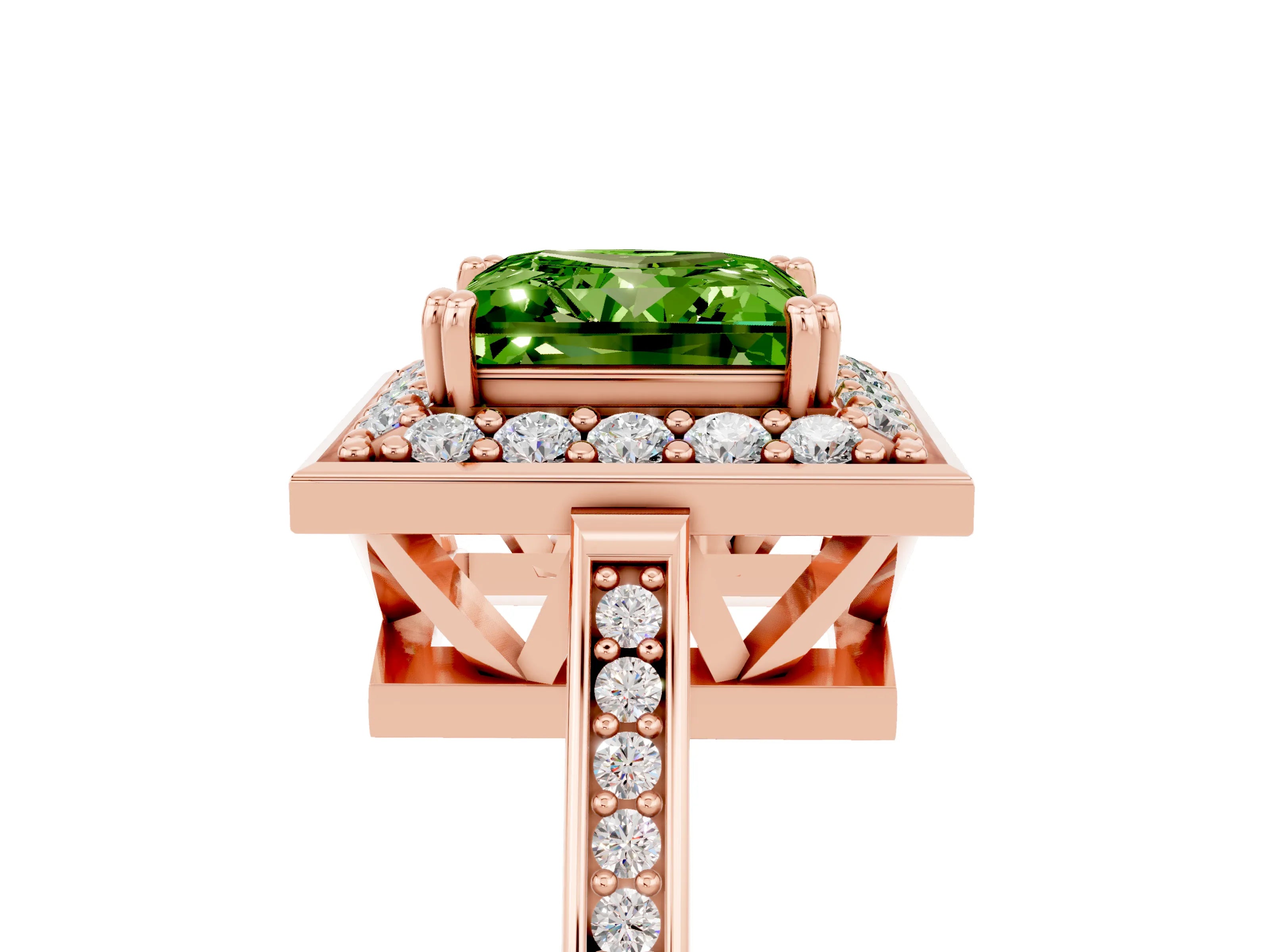 Rose gold Princess Cut Peridot Halo Ring with Split Shank and Four-Prong Setting_5