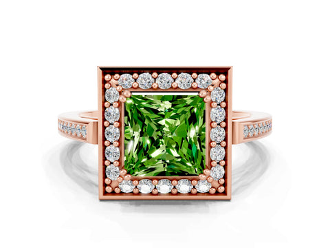 Rose gold Princess Cut Peridot Halo Ring with Split Shank and Four-Prong Setting