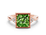Rose gold Princess Cut Peridot Halo Ring with Tapered Band and Four-Prong Setting
