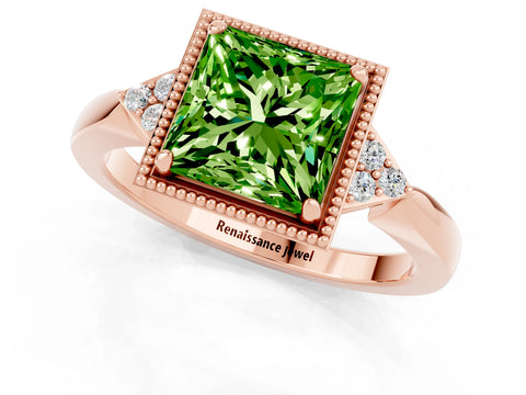 Rose gold Princess Cut Peridot Halo Ring with Tapered Band and Four-Prong Setting_1
