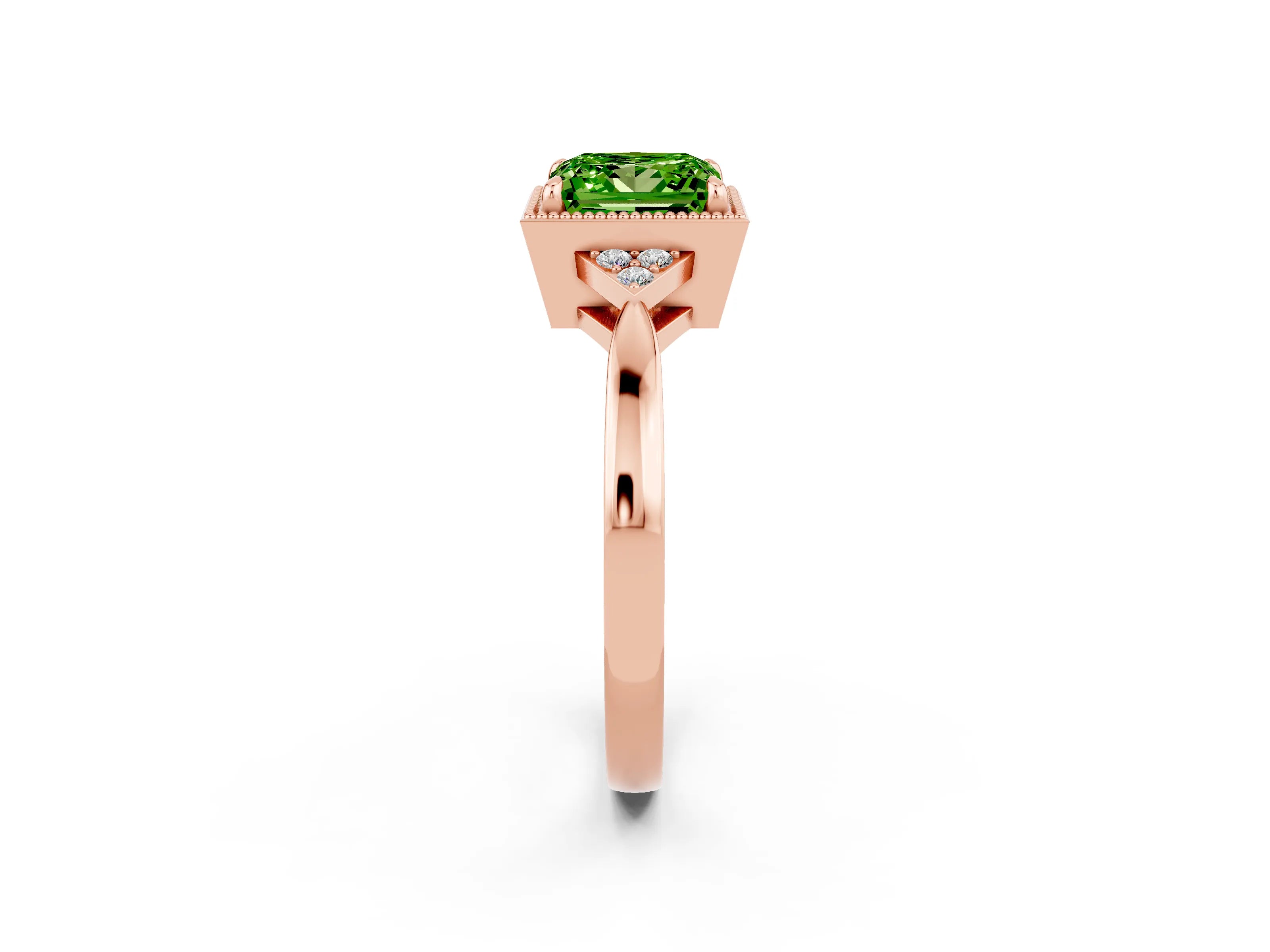 Rose gold Princess Cut Peridot Halo Ring with Tapered Band and Four-Prong Setting_2