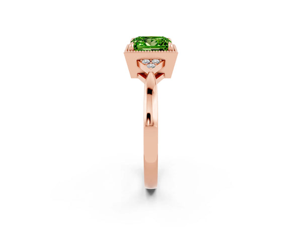 Rose gold Princess Cut Peridot Halo Ring with Tapered Band and Four-Prong Setting